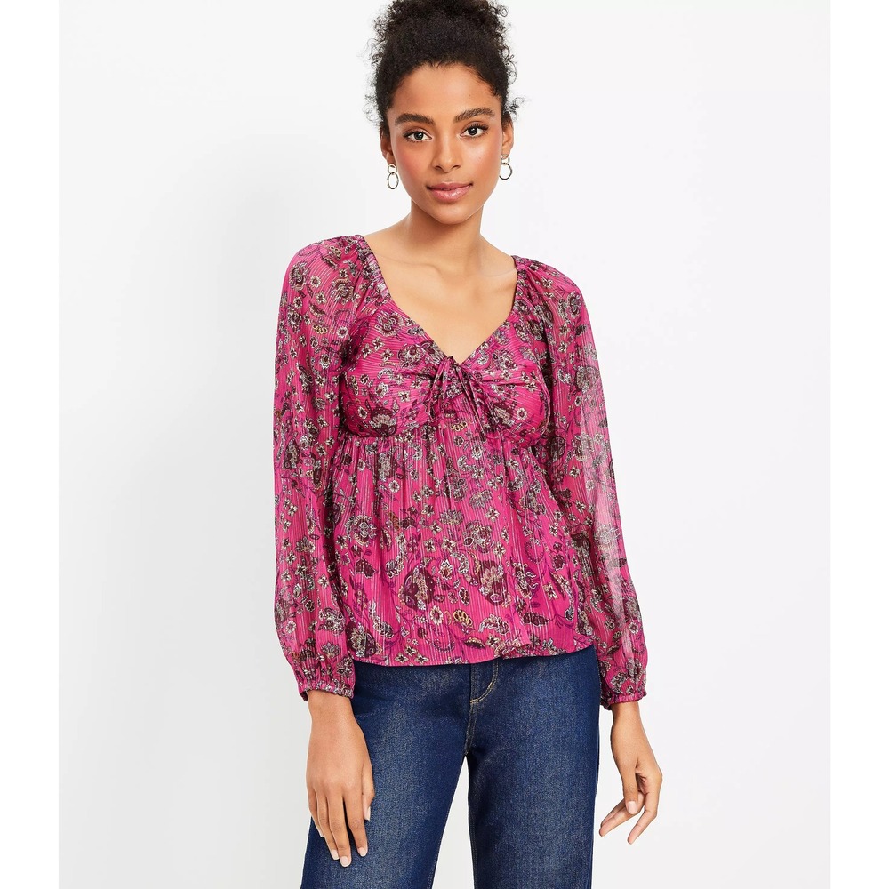 LOFT Womens Pink Floral Long Sleeve Shimmer Boho Blouse Top Size 8 NEW